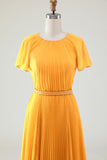 Yellow A Line Round Neck Pleated Mother of Bride Dress With Short Sleeves