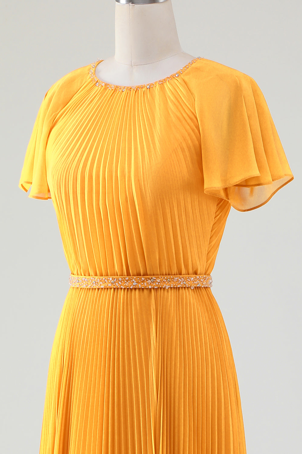 Yellow A Line Round Neck Pleated Mother of Bride Dress With Short Sleeves
