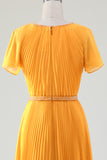 Yellow A Line Round Neck Pleated Mother of Bride Dress With Short Sleeves