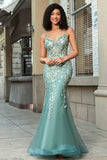 Light Green Mermaid Lace-Up Back Tulle Long Prom Dress with Appliques