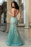 Light Green Mermaid Lace-Up Back Tulle Long Prom Dress with Appliques