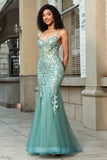 Light Green Mermaid Lace-Up Back Tulle Long Prom Dress with Appliques