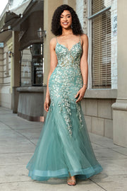 Light Green Mermaid Lace-Up Back Tulle Long Prom Dress with Appliques