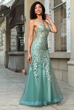 Light Green Mermaid Lace-Up Back Tulle Long Prom Dress with Appliques