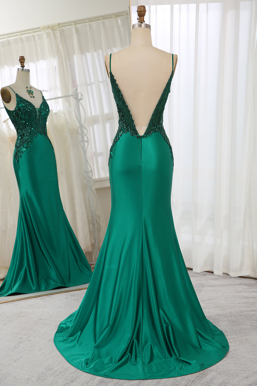 WEDTREND Women Glitter Dark Green Prom Dress Mermaid Backless Party Dress With Beaded Appliques WEDTREND Women Glitter Dark Green Prom Dress Mermaid Backless Party Dress With Beaded Appliques