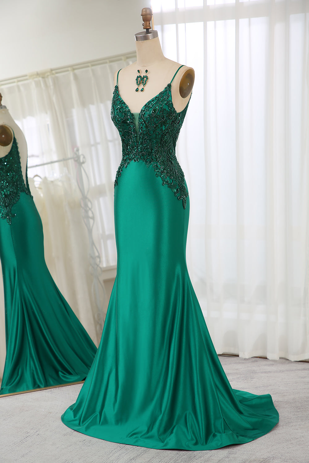 Glitter Dark Green Mermaid Backless Prom Dress With Beaded Appliques
