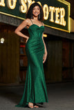 Dark Green Mermaid Spaghetti Straps Satin Corset Prom Dress with Slit