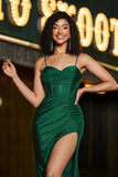 Dark Green Mermaid Spaghetti Straps Satin Corset Prom Dress with Slit