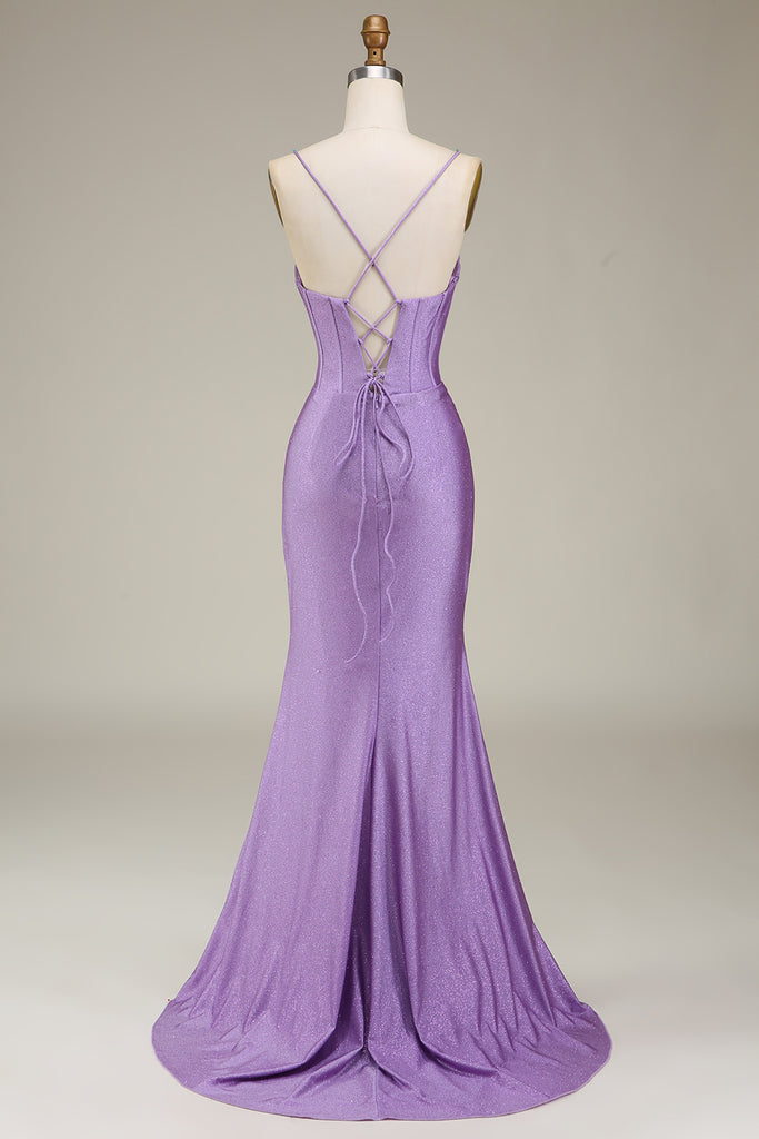 Simple Mermaid Spaghetti Straps Lilac Satin Slit Long Prom Dress,Evening Dress GG1115 main image 0