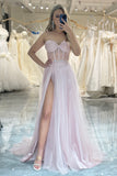Sparkly Pink Strapless Tulle Corset Prom Dress with Slit