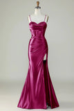 Dark Purple Mermaid Spaghetti Straps Long Prom Dress With Slit