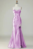 Dark Purple Mermaid Spaghetti Straps Long Prom Dress With Slit