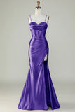 Royal Blue Mermaid Spaghetti Straps Long Prom Dress With Slit