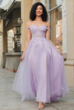 Purple A-Line Off The Shoulder Tulle Corset Prom Dress with Lace
