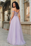 Purple A-Line Off The Shoulder Tulle Corset Prom Dress with Lace