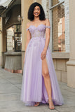 Purple A-Line Off The Shoulder Tulle Corset Prom Dress with Lace