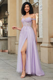 Purple A-Line Off The Shoulder Tulle Corset Prom Dress with Lace