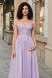 Purple A-Line Off The Shoulder Tulle Corset Prom Dress with Lace