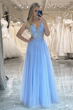 Sparkly Light Blue Tulle Corset Long Prom Dress With Appliques