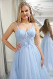 Light Blue A Line Sparkly Tulle Corset Prom Dress With Appliques