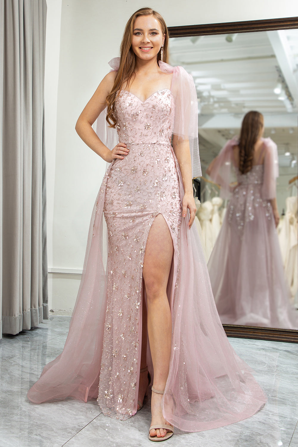 Glitter Light Pink Mermaid Spaghetti Straps Long Prom Dress with Slit