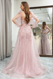 Glitter Light Pink Mermaid Spaghetti Straps Long Prom Dress with Slit