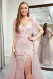 Glitter Light Pink Mermaid Spaghetti Straps Long Prom Dress with Slit