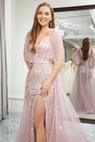 Glitter Light Pink Mermaid Spaghetti Straps Long Prom Dress with Slit