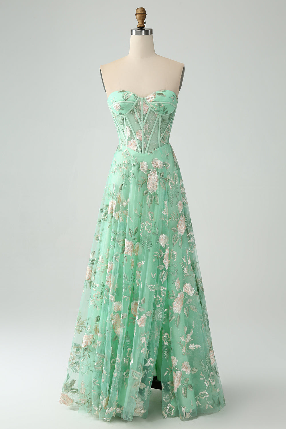 WEDTREND Women Light Green Prom Dress with Slit A-Line Strapless Corset Long Evening Party Dress WEDTREND Women Light Green Prom Dress with Slit A-Line Strapless Corset Long Evening Party Dress