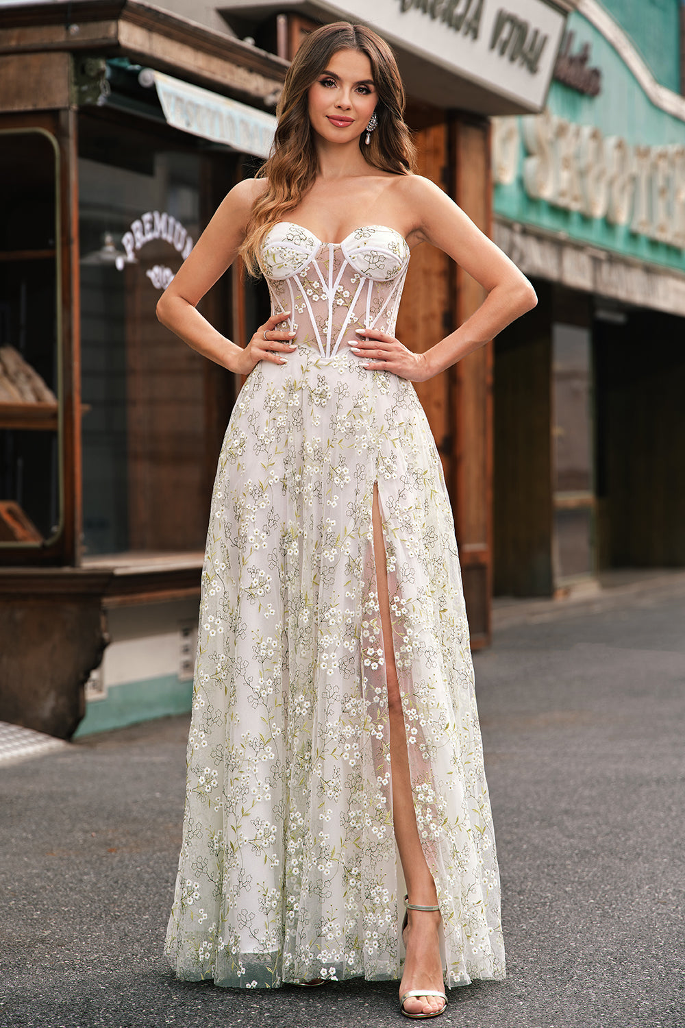 WEDTREND Women Light Green Prom Dress with Slit A-Line Strapless Corset Long Evening Party Dress WEDTREND Women Light Green Prom Dress with Slit A-Line Strapless Corset Long Evening Party Dress