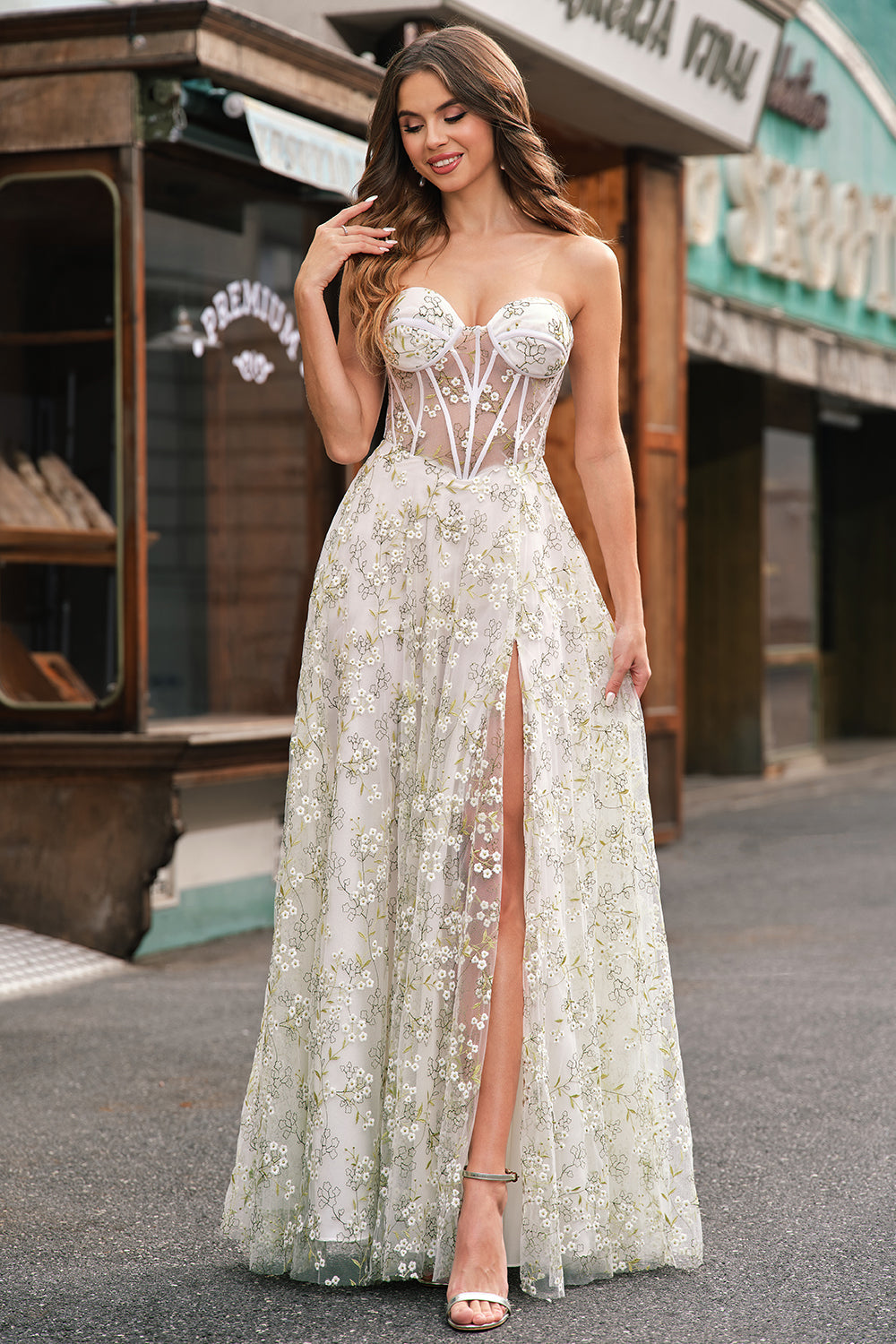 WEDTREND Women Light Green Prom Dress with Slit A-Line Strapless Corset Long Evening Party Dress, Light Green / US4