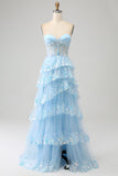 Light Blue Princess A Line Sweetheart Tiered Sequin Tulle Prom Dress With Slit