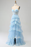 Light Blue Princess A Line Sweetheart Tiered Sequin Tulle Prom Dress With Slit