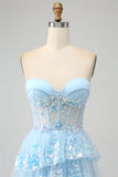 Light Blue Princess A Line Sweetheart Tiered Sequin Tulle Prom Dress With Slit