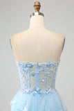 Light Blue Princess A Line Sweetheart Tiered Sequin Tulle Prom Dress With Slit