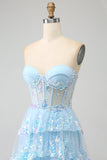 Light Blue Princess A Line Sweetheart Tiered Sequin Tulle Prom Dress With Slit