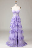 Light Blue Princess A Line Sweetheart Tiered Sequin Tulle Prom Dress With Slit