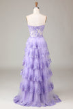 Light Blue Princess A Line Sweetheart Tiered Sequin Tulle Prom Dress With Slit