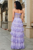 Princess Purple A-Line Sweetheart Tiered Sparkly Sequin Tulle Long Prom Dress