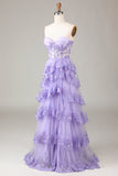 Light Blue Princess A Line Sweetheart Tiered Sequin Tulle Prom Dress With Slit