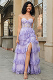 Princess Purple A-Line Sweetheart Tiered Sparkly Sequin Tulle Long Prom Dress