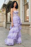 Princess Purple A-Line Sweetheart Tiered Sparkly Sequin Tulle Long Prom Dress