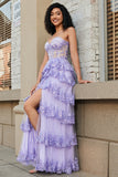 Princess Purple A-Line Sweetheart Tiered Sparkly Sequin Tulle Long Prom Dress