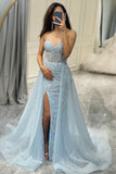 Glitter Light Blue Long Corset Beaded Prom Dress With Slit