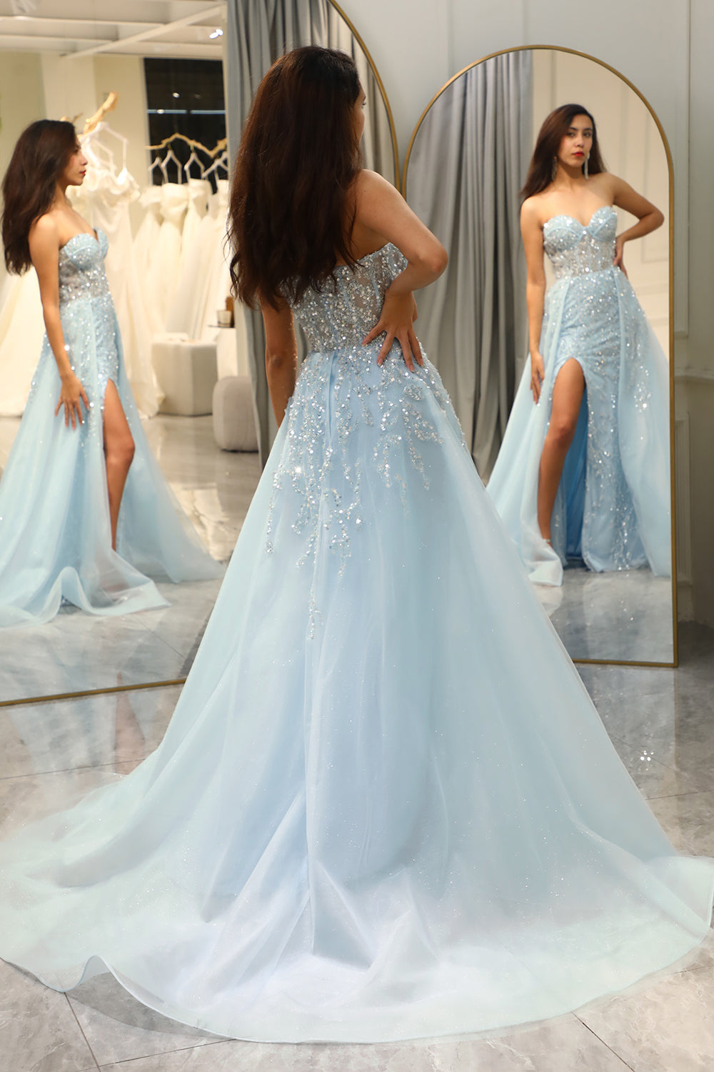 WEDTREND Women Sparkly Prom Dress Light Blue A Line Sweetheart Long Evening Party Dress With Sequins