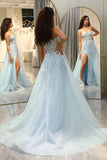 Glitter Light Blue Long Corset Beaded Prom Dress With Slit