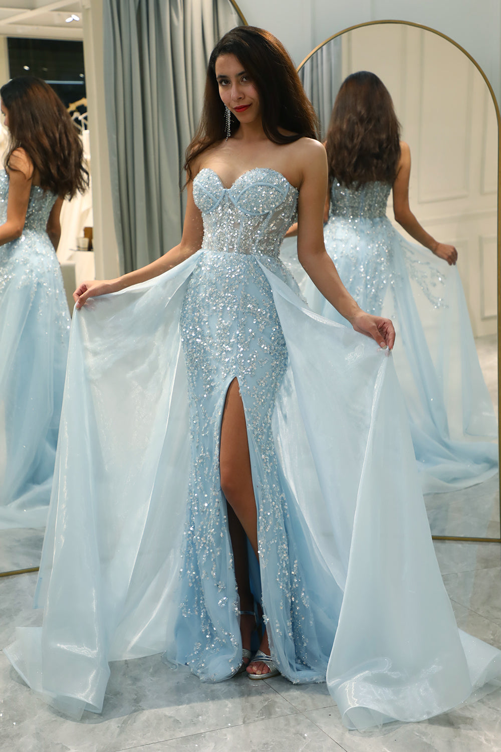 light blue sparkly dresses WEDTREND Women Sparkly Prom Dress Light Blue A Line Sweetheart Long Evening Party Dress With Sequins