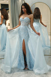 Glitter Light Blue Long Corset Beaded Prom Dress With Slit