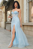 Sparkly Light Blue A Line Sweetheart Sequin Long Prom Dress With Slit