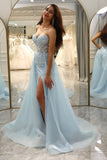 Glitter Light Blue Long Corset Beaded Prom Dress With Slit